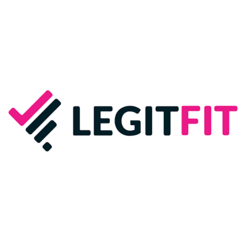 Logo of LegitFit with the word "LEGIT" in black and "FIT" in pink. The logo also features a stylized checkmark design in pink and black to the left of the text. The overall design is clean and modern.